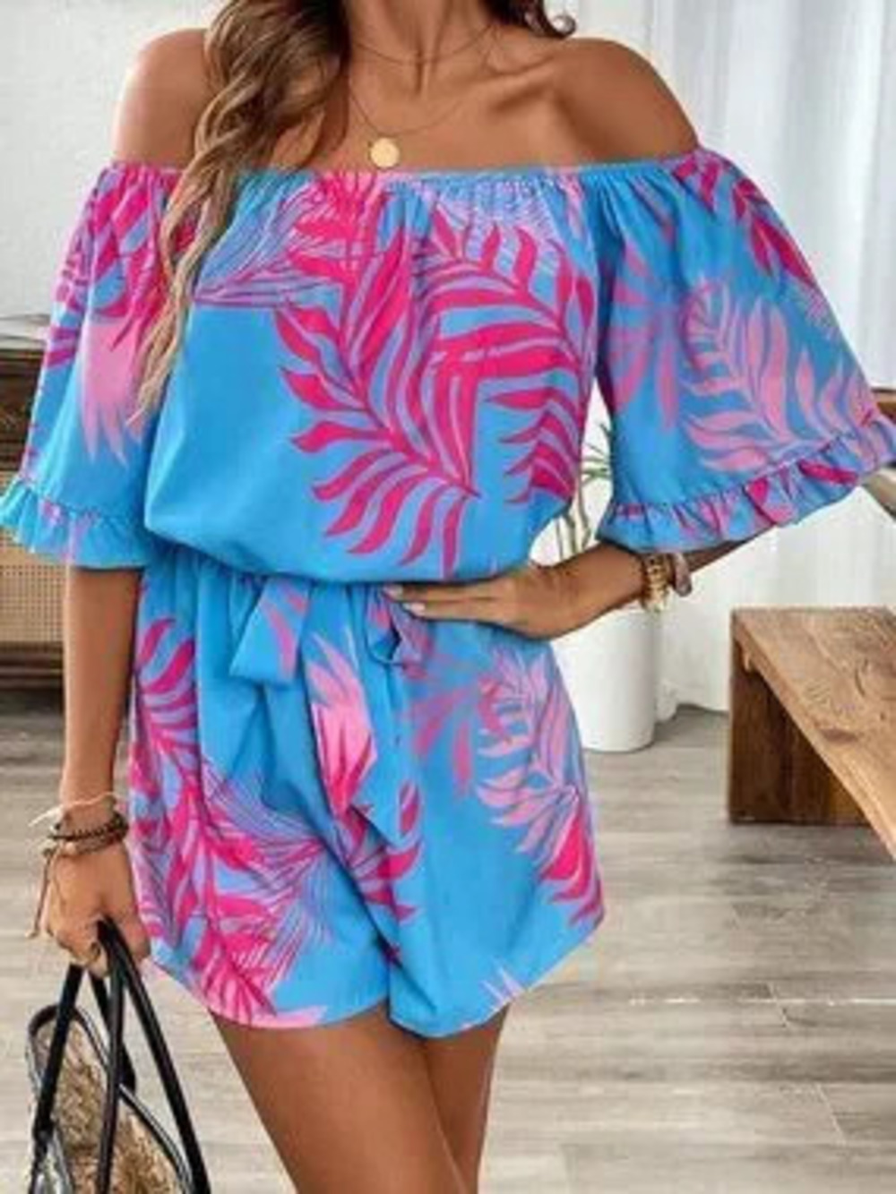 Multicolor Boho Women's Off Shoulder Tropical Print Puff Sleeves Romper